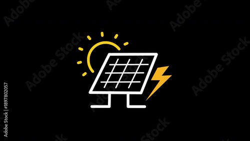 Animated Solar Panel Generating Electricity: Minimalist White and Yellow Outline Icon for Renewable Energy Content