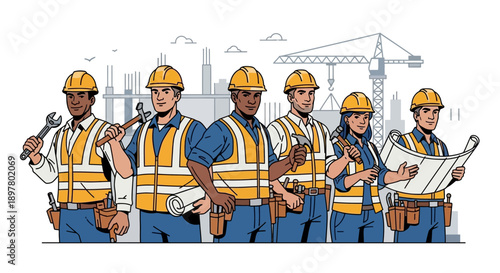 A diverse group of six construction workers, including men and a woman, wearing hard hats and safety vests, holding tools and blueprints on a job site with a city skyline and crane in the background.