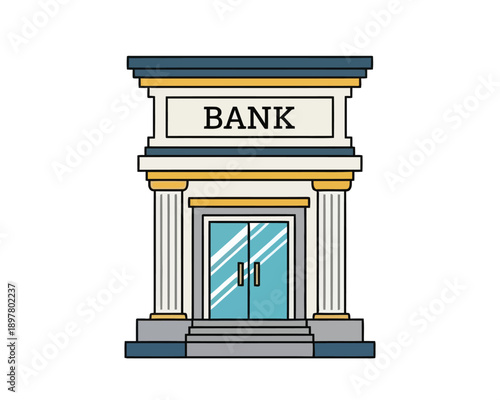 Vector illustration of a classic bank building with prominent columns and a 'BANK' sign. Icon representing financial services, business, economy, and investment concepts