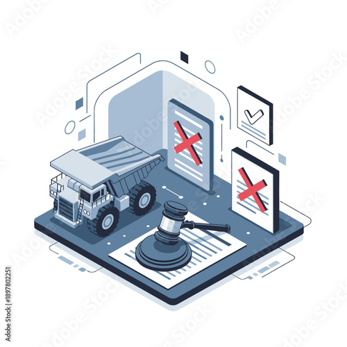 Digital illustration of a truck, gavel, and documents with rejection symbols.