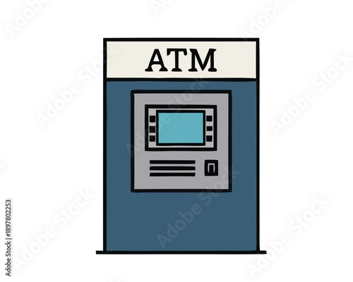 Modern financial transaction point An illustrated icon representing a self-service automated teller machine providing convenient access to banking services