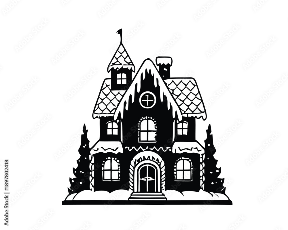 Obraz premium Festive Gingerbread House Icon with Snow-Covered Roof and Wintry Trees, Symbolizing Holiday Cheer and Christmas Spirit