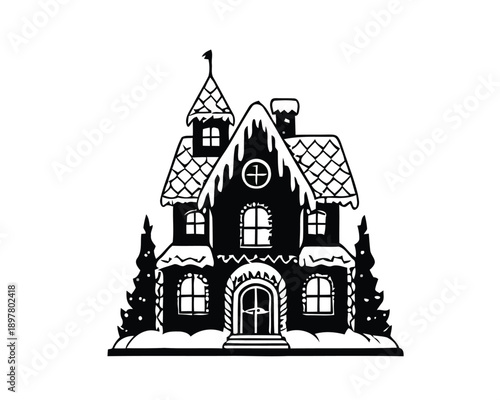 Festive Gingerbread House Icon with Snow-Covered Roof and Wintry Trees, Symbolizing Holiday Cheer and Christmas Spirit