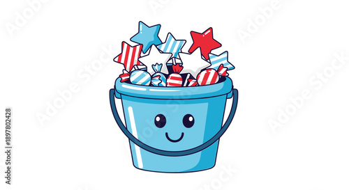 Cartoon blue bucket filled with patriotic fireworks and stars, for Independence Day or 4th of July celebration, vector illustration. Isolated on transparent background, png