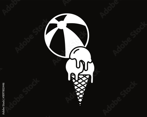 Minimalist graphic illustration of a melting ice cream cone and a striped beach ball, symbolizing the blissful essence of summer heat, sweet treats, and holiday leisure