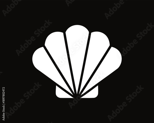 A stark white scallop shell icon on a black background, representing the natural beauty of marine life and coastal environments