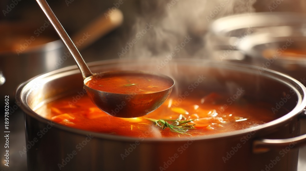 Fototapeta premium Delicious Hot Soup in a Pot with Fresh Vegetables and Steam Rising, Close-Up View of Ladle Scooping Flavorful Broth with Herbs for Comfort Food Lovers