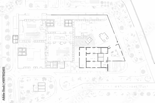 Architectural plan of a modern building with surrounding landscape details