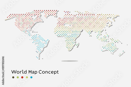 Abstract dotted world map illustration with colorful regions and a minimalist style