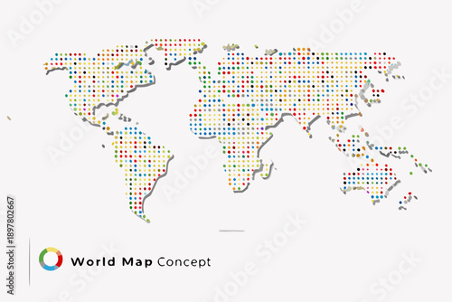 Colorful dotted world map illustration with continental outlines and text label