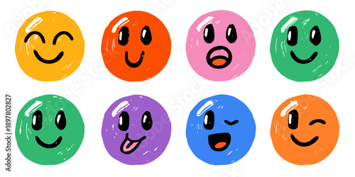 Colorful cartoon emoticons with various facial expressions arranged in rows