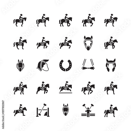 Black silhouette icons depicting equestrian sports horseshoes and related equipment