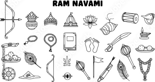 Ram Navami Hindu Festival Black and White Line Art Vector Icons. Traditional Indian Religious Symbols and Cultural Elements Doodle Collection.