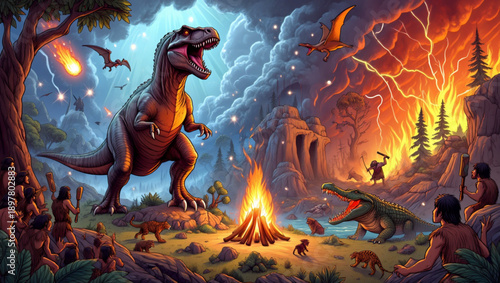 Prehistoric chaos dinosaurs, cavemen, and natural disasters during a fiery cataclysm