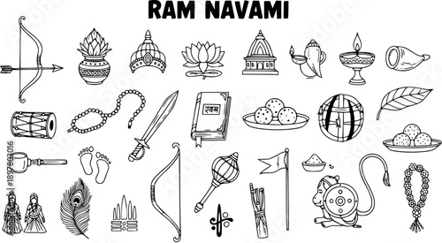 Ram Navami Black  White Line Art Symbols: Hindu Festival Icons of Lord Rama, Hanuman, Sita  Traditional Celebration Elements