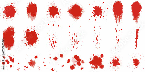 Collection of various red blood splatter shapes and textures on white