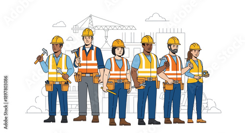 Diverse group of construction workers standing together with tools in front of a building site with a crane and new structures.