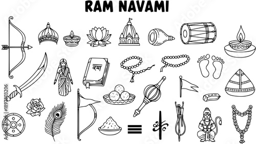 Ram Navami Hindu Festival Religious Symbols Line Art Icons Collection. Traditional Indian Culture and Spirituality Doodle Vector Set for Celebrations and Holidays.
