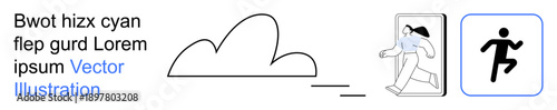Weather, escape, movement, outdoor activity, journey, safety. A cloud icon, a person walking through a door and a running symbol. Weather and escape concepts