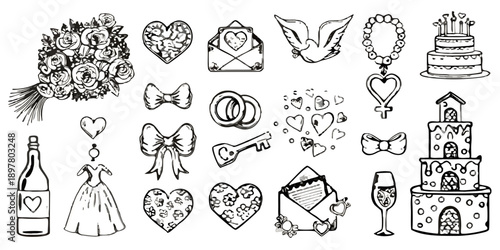 Wedding themed illustrations bouquet cake hearts rings and chapel sketches