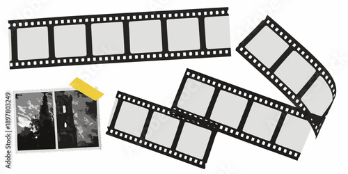 Arrangement of vintage film strips and a photograph with tape