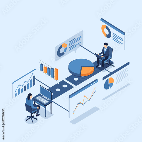 Isometric illustration of business professionals analyzing data on computer and charts.