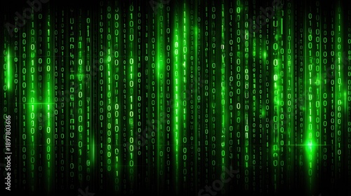 Wallpaper Mural A digital matrix of green binary code cascading against a black background, evoking themes of technology and virtual realities. Torontodigital.ca