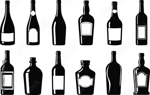 Black wine and liquor bottle silhouettes with blank labels, alcohol drink containers, beverage packaging icons, bar menu design, brewery winery elements.