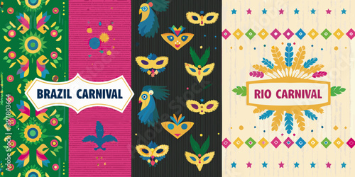 Colorful carnival themed patterns with masks birds and festive text