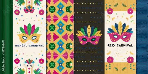 Colorful carnival masks and floral patterns in a repeating design