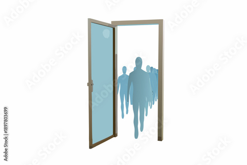 An open doorway reveals silhouettes of people suggesting transition or opportunity