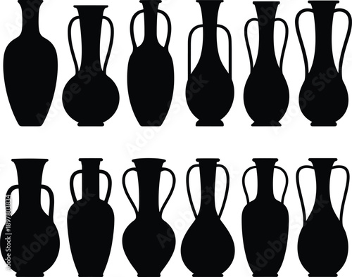 Ancient pottery vase silhouette illustration vector set with traditional ceramic amphora shapes for archaeology, history, museum graphics, and decorative design projects