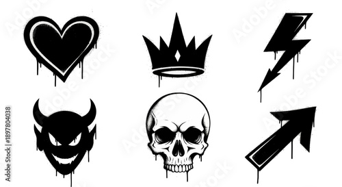 Six black and white graffiti style symbols with dripping paint effect, including a heart, crown, lightning bolt, devil, skull, and arrow.