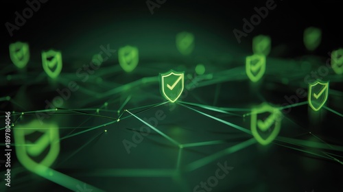 A digital illustration featuring interconnected green shields with checkmarks, symbolizing security and protection in a networked environment.
