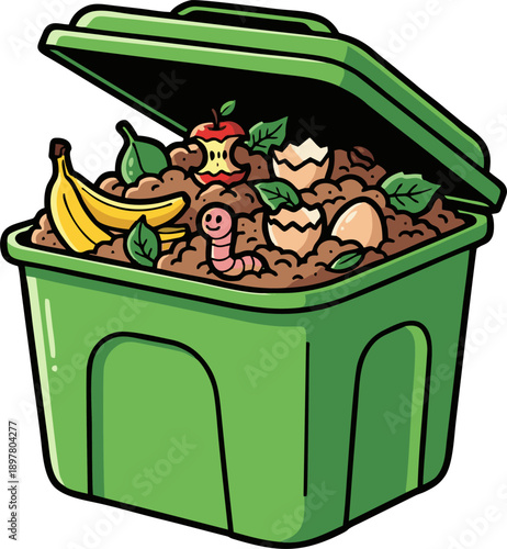 Green Compost Bin with Organic Waste and Worm.