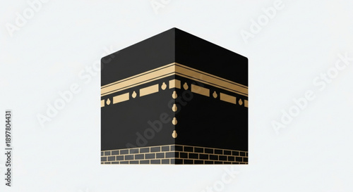 Black kaaba cube with gold stripes and ornate details on white background