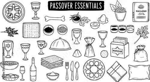 Black and White Hand-Drawn Line Art Doodle Set of Passover Seder Essentials, Traditional Jewish Holiday Food and Ceremonial Items