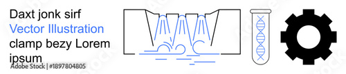 Biotechnology, engineering, innovation, fluid dynamics, industrial design, laboratory equipment. Test tube with DNA, a water stream and a gear icon. Biotechnology and engineering concepts