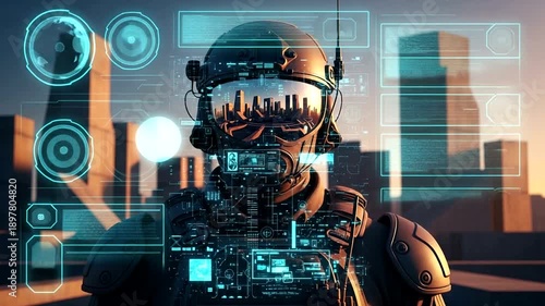 Futuristic Soldier with Advanced Technology and Cityscape Background.