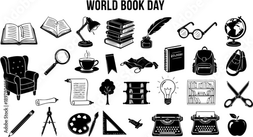 World Book Day Education and Literature Glyph Icons Set. Hand-drawn Black  White Vector Collection of Reading, Writing, and Learning Objects.