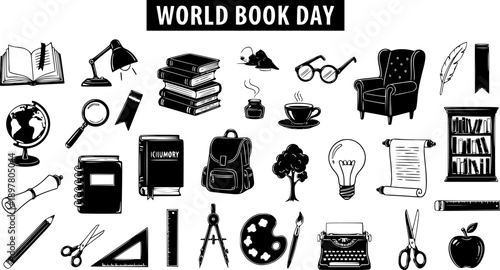 World Book Day Education, Literature, and Stationery Icons. Hand-Drawn Black and White Line Art Collection of Learning, Reading, and Creative Symbols.