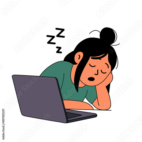 Woman with black hair bun sleeping at laptop desk with zzz exhausted tired. Work burnout concept. Hand drawn flat vector illustration. Cartoon style. Isolated on transparent background.