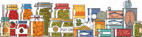 Canned food pantry goods, preserved vegetables jars, pickled cucumbers, tinned fish, olives, legumes and fruit jams vector illustration, white background