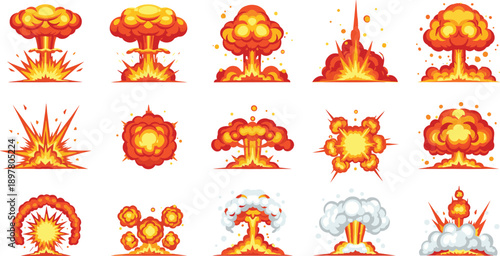 Cartoon explosion animation frames, mushroom cloud blast, fire spark effect, atomic bomb burst, smoke ignite, fire flame vector illustration