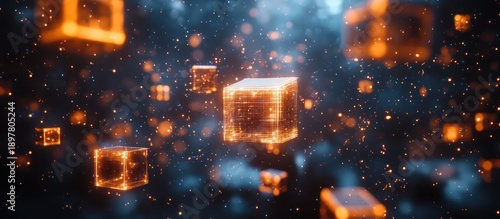 Glowing cubes float in dark space; digital art, tech background
