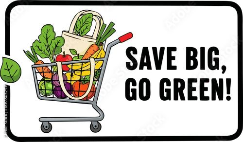 Shopping cart filled with fresh produce and a reusable bag, promoting eco-friendly grocery shopping.
