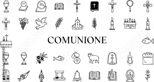 First Communion Christianity Symbols Line Art Icon Set. Hand Drawn Black  White Doodle Religious Elements for Sacraments, Eucharist, and Catholic Themes.