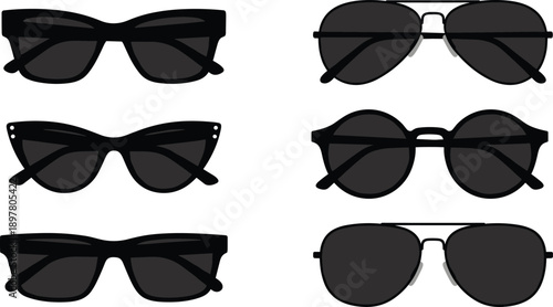 Collection of black sunglasses icons, stylish eyewear fashion accessory, modern sun protection frames, aviator cat-eye wayfarer spectacles vector illustration.