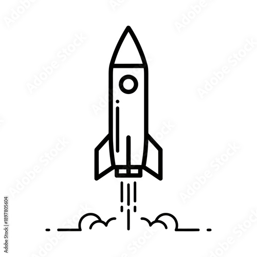 Rocket ship launching into the air with smoke trail on white background for business and technology concepts