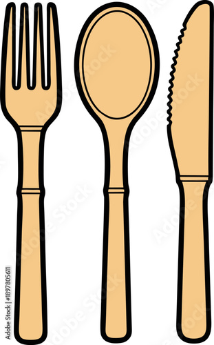 Simple illustration of a fork, spoon, and knife set for dining.